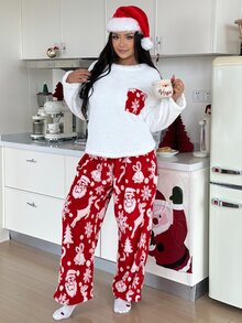 ZzzCrew Winter Christmas Plush Plus Size 2 Pieces Pajama Set, Santa Claus Christmas Tree Reindeer Pattern Home Wear Outfit - White - View 5