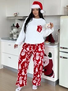 ZzzCrew Winter Christmas Plush Plus Size 2 Pieces Pajama Set, Santa Claus Christmas Tree Reindeer Pattern Home Wear Outfit - White - View 6