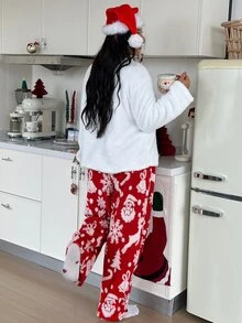 ZzzCrew Winter Christmas Plush Plus Size 2 Pieces Pajama Set, Santa Claus Christmas Tree Reindeer Pattern Home Wear Outfit - White - View 2