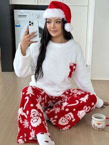 ZzzCrew Winter Christmas Plush Plus Size 2 Pieces Pajama Set, Santa Claus Christmas Tree Reindeer Pattern Home Wear Outfit - White - View 1