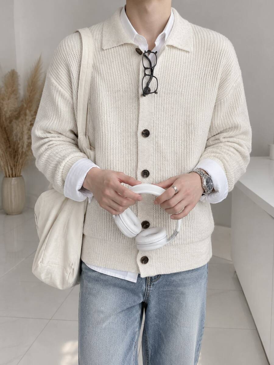 Claim Dot Men's Versatile Comfortable Single-Breasted Long Sleeve Sweater Old Money Formal - Light Grey - View 1