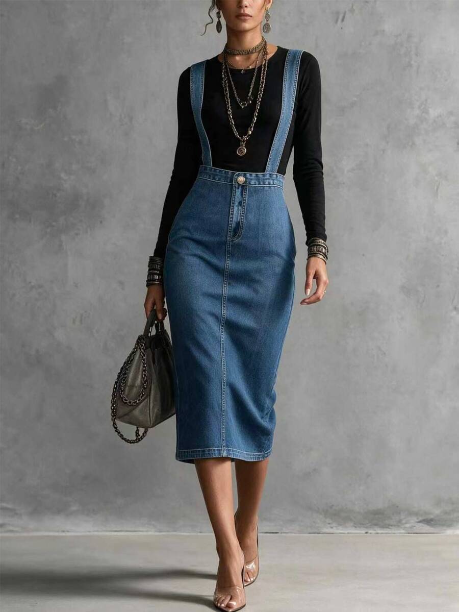 SHEIN Women's Autumn/Winter Professional Commute Thick Knit Patchwork 2 In 1 Mid-Length Long Sleeve Back Slit Design Dress
