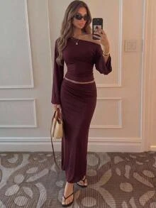 Aloruh Purple Knit Mesh Asymmetric Neckline Top And Skirt Set - Purple - View 1