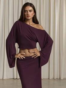Aloruh Purple Knit Mesh Asymmetric Neckline Top And Skirt Set - Purple - View 5