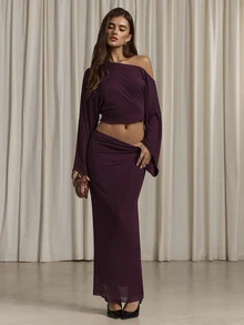 Aloruh Purple Knit Mesh Asymmetric Neckline Top And Skirt Set - Purple - View 3