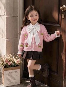 SHEIN (少女) 花卉長袖開襟針織衫，適合秋冬穿著，可搭配棉襖外套 - 淺粉色 - 查看 1