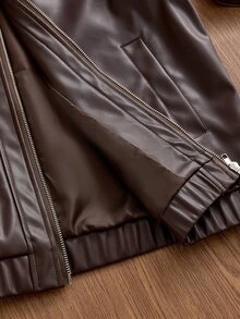 SWAVVY Men's Solid Color Zipper Front Casual PU Leather Jacket - Brown - View 7