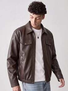 SWAVVY Men's Solid Color Zipper Front Casual PU Leather Jacket - Brown - View 6