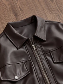 SWAVVY Men's Solid Color Zipper Front Casual PU Leather Jacket - Brown - View 4