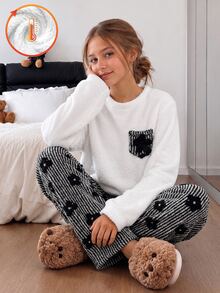 SHEIN Elladie kids Tween Girls Fall Winter Fleece 2‑Piece Set, Crew Neck Fuzzy Top With 3D Flower Pocket, Striped Flora - Black and White - View 5