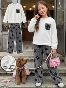 SHEIN Elladie kids Tween Girls Fall Winter Fleece 2‑Piece Set, Crew Neck Fuzzy Top With 3D Flower Pocket, Striped Flora - Black and White - View 4