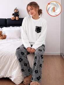 SHEIN Elladie kids Tween Girls Fall Winter Fleece 2‑Piece Set, Crew Neck Fuzzy Top With 3D Flower Pocket, Striped Flora - Black and White - View 7