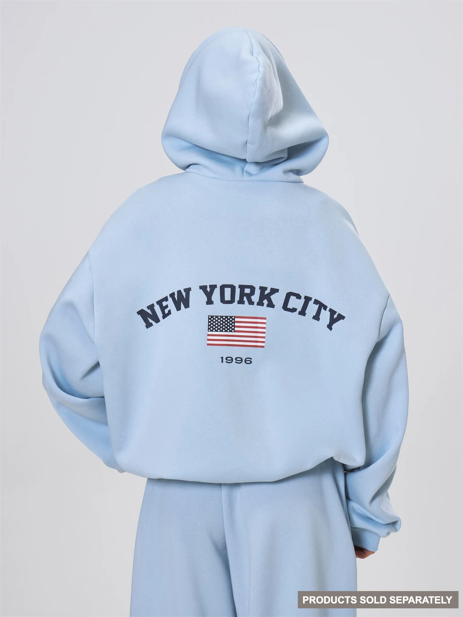 MUSERA 藍色「New York City」圖案印花後抽繩連帽套頭運動衫 秋冬酷女孩返校假期款 - 藍色 - 查看 1
