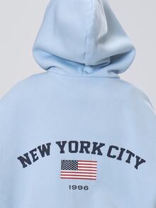 MUSERA 藍色「New York City」圖案印花後抽繩連帽套頭運動衫 秋冬酷女孩返校假期款 - 藍色 - 查看 6