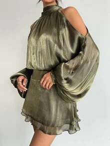 Aloruh 女款純色掛脖露肩性感約會派對迷你洋裝，優雅度假穿搭女裝 - 墨綠色 - 查看 5