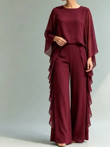 Linhara CURVE Autumn/Winter Cherry Red Luxury Elegant Evening Gown Set, Sophisticated Lady Style, Atmospheric Plus Size 2 Pieces Outfit Fall - Burgundy - View 8