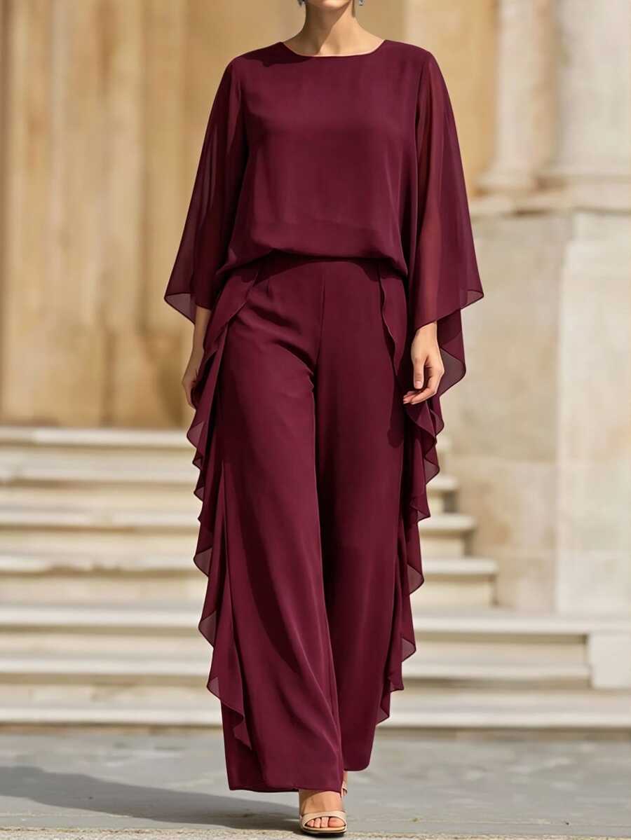 Linhara CURVE Autumn/Winter Cherry Red Luxury Elegant Evening Gown Set, Sophisticated Lady Style, Atmospheric Plus Size 2 Pieces Outfit Fall - Burgundy - View 1