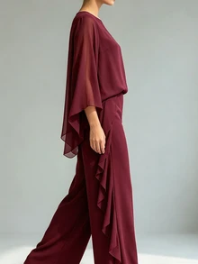 Linhara CURVE Autumn/Winter Cherry Red Luxury Elegant Evening Gown Set, Sophisticated Lady Style, Atmospheric Plus Size 2 Pieces Outfit Fall - Burgundy - View 5