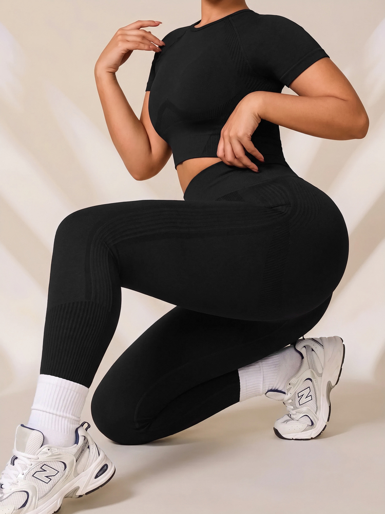 Rhythm Era Plus Size Women's Solid Color Cropped Fitted Short Sleeve Top And Leggings Sports Suit, Summer Workout Sets Women's Gym Clothes - Black - View 6