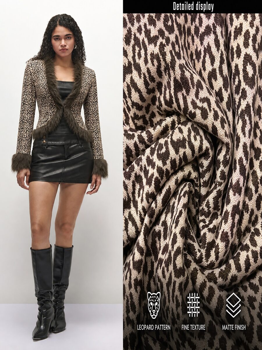 TRNVIE 2026 Fall New Arrival Women's Jacket For Night Out, Y2K Leopard Print Furry Trim Cropped Jacket - Multicolor - View 1
