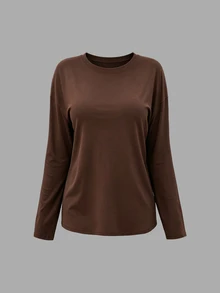 INAWLY Women's Solid Color Round Neck Drop Shoulder Long Sleeve Casual T-Shirt - Multicolor - View 4