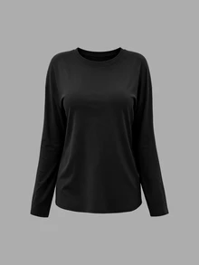 INAWLY Women's Solid Color Round Neck Drop Shoulder Long Sleeve Casual T-Shirt - Multicolor - View 5