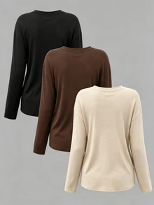 INAWLY Women's Solid Color Round Neck Drop Shoulder Long Sleeve Casual T-Shirt - Multicolor - View 2