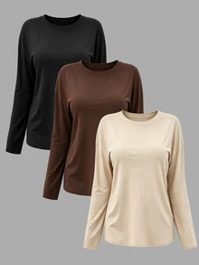 INAWLY Women's Solid Color Round Neck Drop Shoulder Long Sleeve Casual T-Shirt - Multicolor - View 1