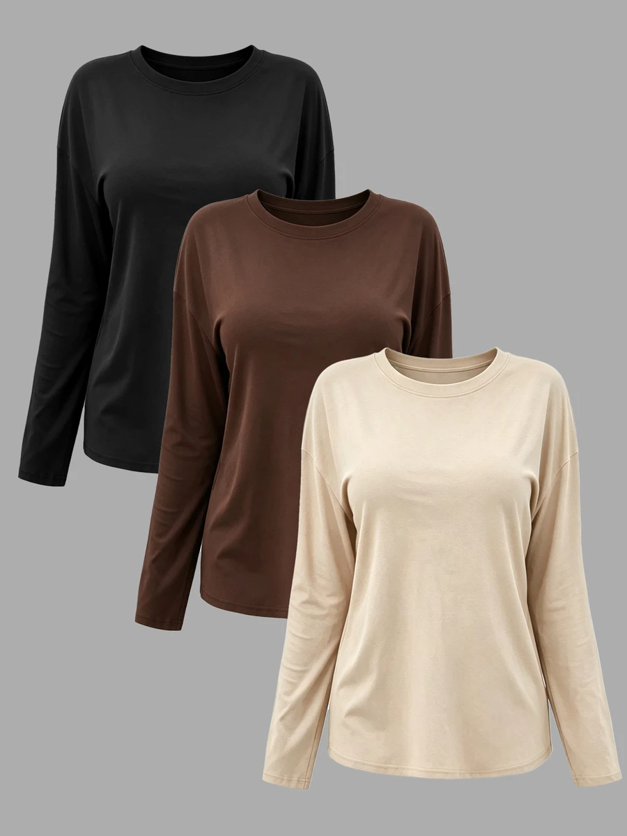 INAWLY Women's Solid Color Round Neck Drop Shoulder Long Sleeve Casual T-Shirt - Multicolor - View 1