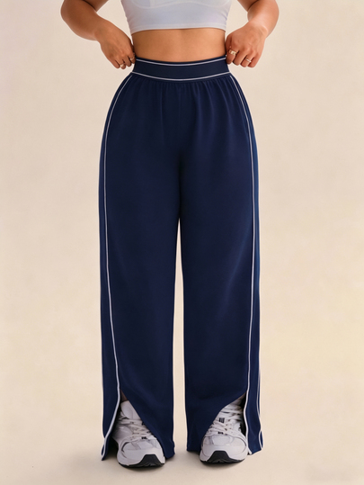 Rhythm Era Women's Loose Fit Straight Leg Sweatpants With Pockets,Navy Blue Athletic Gym Summer,Waistband Contrast Stripe High Stretch Elastic Waist Casual Wear