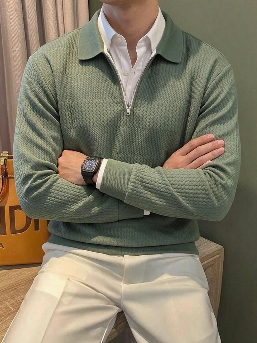 Manfinity Homme قميص بولو رجالي محبوك بنقشة جاكار بلون أخضر فاتح موحد مع ملمس بارز وياقة مسطحة وأساور وحافة مضلعة وسحاب - أخضر - مشاهدة 1