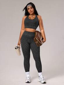 Rhythm Era Plus Size Women Leopard Print Camisole And Leggings Sports Suit Gym Black Summer - Grey - View 3