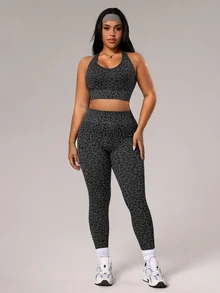 Rhythm Era Plus Size Women Leopard Print Camisole And Leggings Sports Suit Gym Black Summer - Grey - View 7