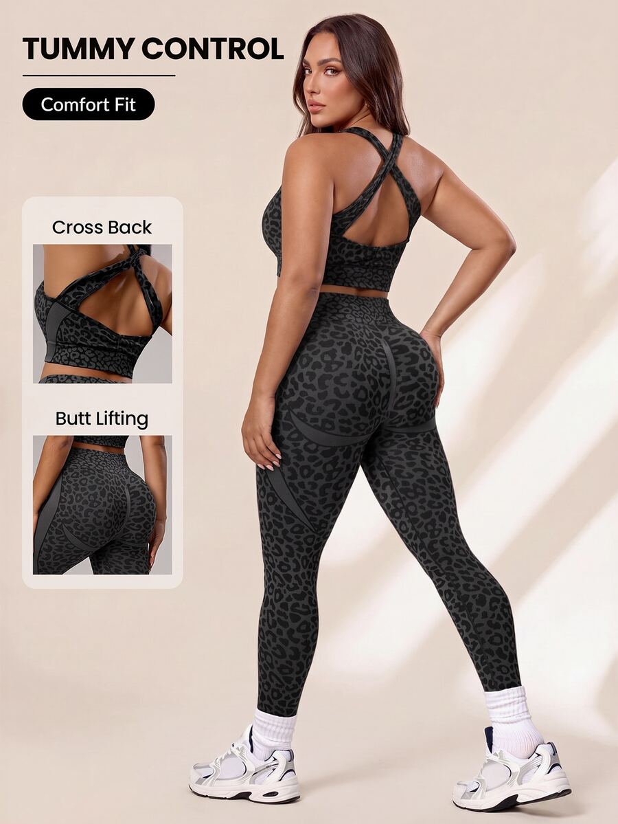 Rhythm Era Plus Size Women Leopard Print Camisole And Leggings Sports Suit Gym Black Summer
