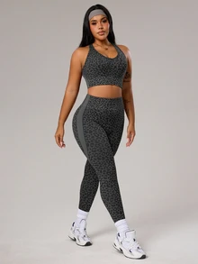 Rhythm Era Plus Size Women Leopard Print Camisole And Leggings Sports Suit Gym Black Summer - Grey - View 6