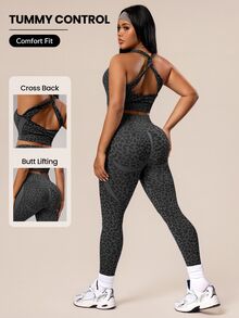 Rhythm Era Plus Size Women Leopard Print Camisole And Leggings Sports Suit Gym Black Summer - Grey - View 9