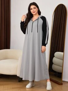 Lacomfia Casual Minimalist Jacquard Colorblock Hooded Zip-Up Raglan Sleeve Loose Regular Fit Plus Size Sweatshirt, Spring/Autumn - Grey - View 5