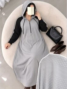 Lacomfia Casual Minimalist Jacquard Colorblock Hooded Zip-Up Raglan Sleeve Loose Regular Fit Plus Size Sweatshirt, Spring/Autumn - Grey - View 1