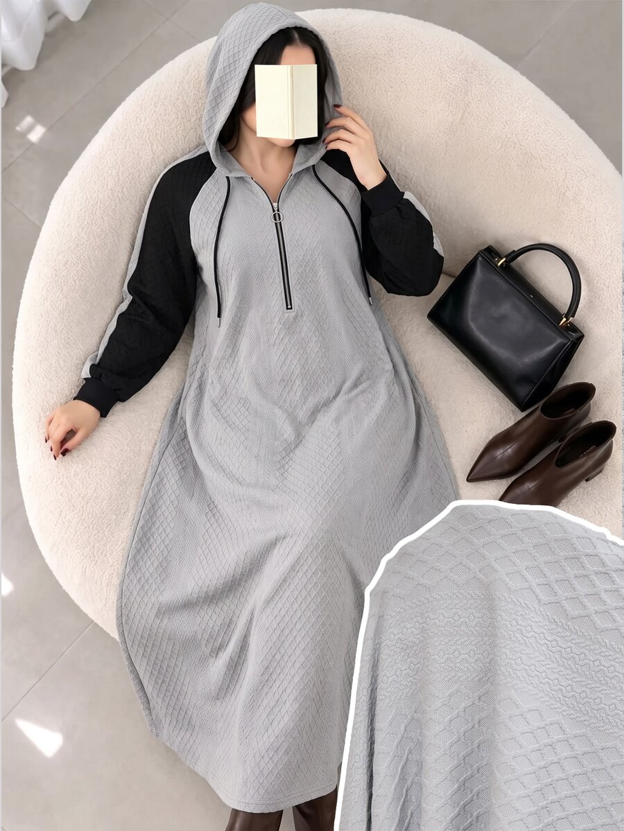 Lacomfia Casual Minimalist Jacquard Colorblock Hooded Zip-Up Raglan Sleeve Loose Regular Fit Plus Size Sweatshirt, Spring/Autumn - Grey - View 1