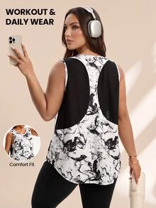 Rhythm Era Plus Size Women Summer Full Print Mesh Patchwork Loose Fit Sports Tank Top Plus Size Workout Top - Multicolor - View 8