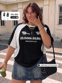 SHEIN CURVE+ Kaos Rajut Lengan Raglan Blok Warna Motif Balap Motor Streetwear Ukuran Plus - Hitam dan Putih - View 7