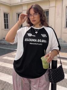 SHEIN CURVE+ Kaos Rajut Lengan Raglan Blok Warna Motif Balap Motor Streetwear Ukuran Plus - Hitam dan Putih - View 6