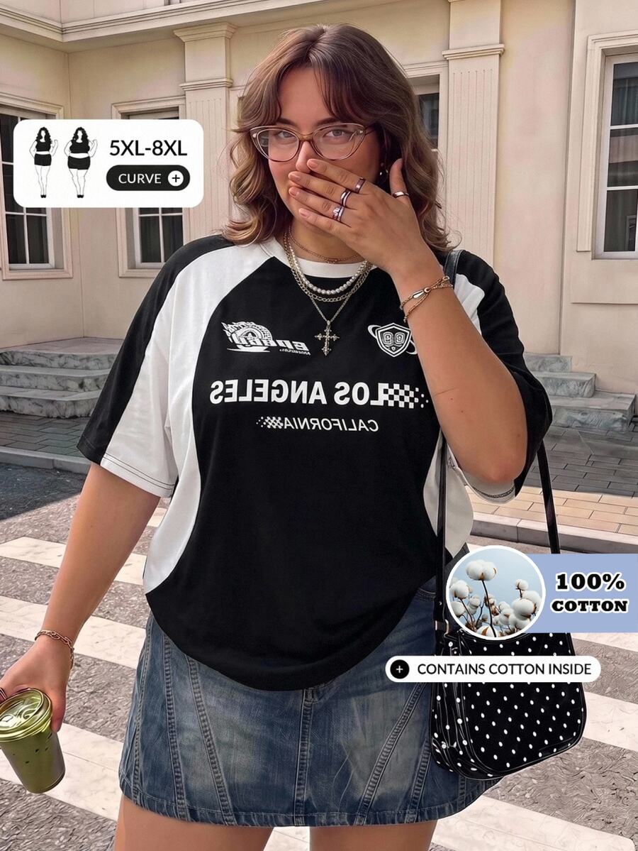 SHEIN CURVE+ Kaos Rajut Lengan Raglan Blok Warna Motif Balap Motor Streetwear Ukuran Plus - Hitam dan Putih - View 1