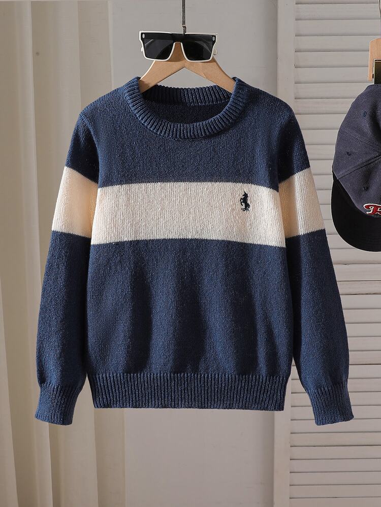 Boys (Big) Brown & White Striped Casual Sweater, Versatile Autumn/Winter Essential Layering Piece - Navy Blue - View 1