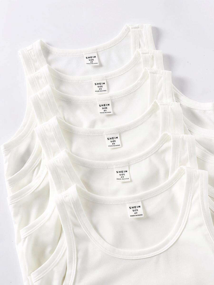 SHEIN Genkimix Kids 6件套男童纯白色圆领上衣套装，柔软舒适的针织面料，适合日常穿着、运动、度假，可搭配运动短裤或牛仔短裤，是上学、度假、休闲、旅行、放松、日光浴、夏季的理想之选。
