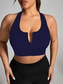SHEIN Sports Plus Size Summer Solid Color Breathable Front Zip Sports Bra Gym Jogging Navy Blue - Navy Blue - View 5