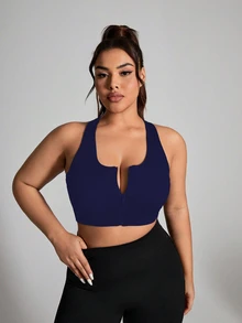 SHEIN Sports Plus Size Summer Solid Color Breathable Front Zip Sports Bra Gym Jogging Navy Blue - Navy Blue - View 4