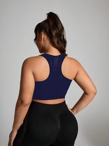 SHEIN Sports Plus Size Summer Solid Color Breathable Front Zip Sports Bra Gym Jogging Navy Blue - Navy Blue - View 2