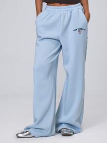 MUSERA 藍色「New York City」圖案印花鬆緊腰寬腿長褲，秋冬季酷女孩返校假期風格 - 藍色 - 查看 2