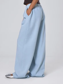 MUSERA 藍色「New York City」圖案印花鬆緊腰寬腿長褲，秋冬季酷女孩返校假期風格 - 藍色 - 查看 3